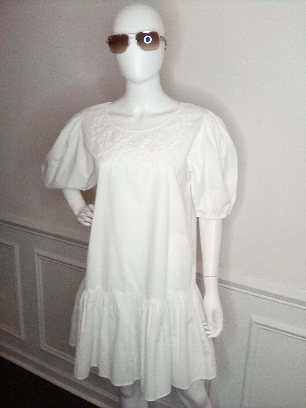 Women's Samson White Puff Sleeve Dress, Size Large, Embroidered